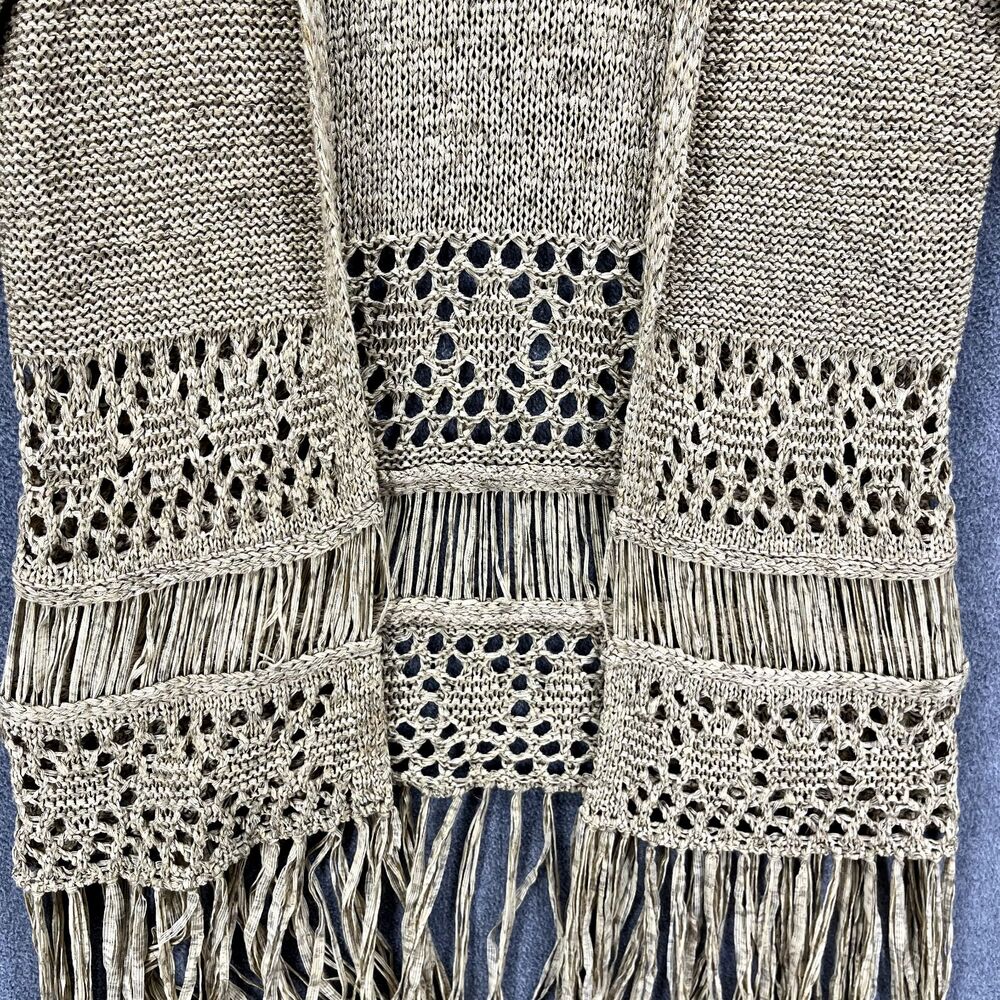 Zara Knit Cardigan Medium Tan Open Crochet Fringe Tassels Taupe raglan sleeve - Picture 7 of 16